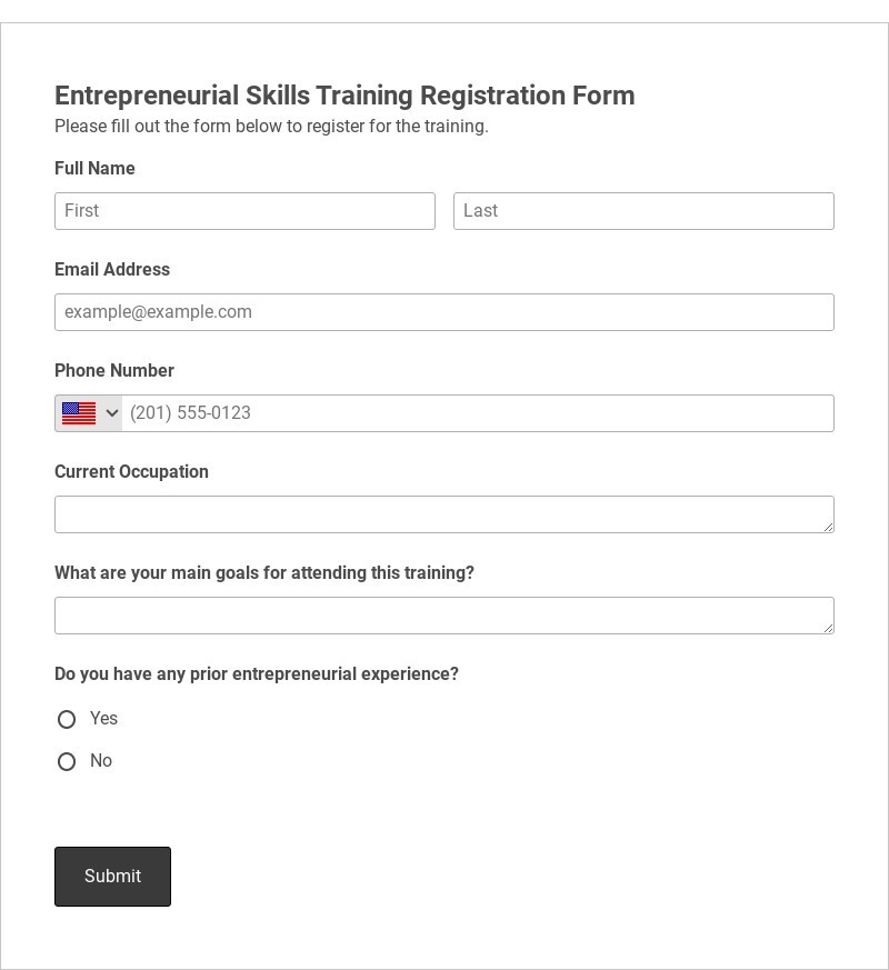 Entrepreneurial Skills Training Registration Form Template