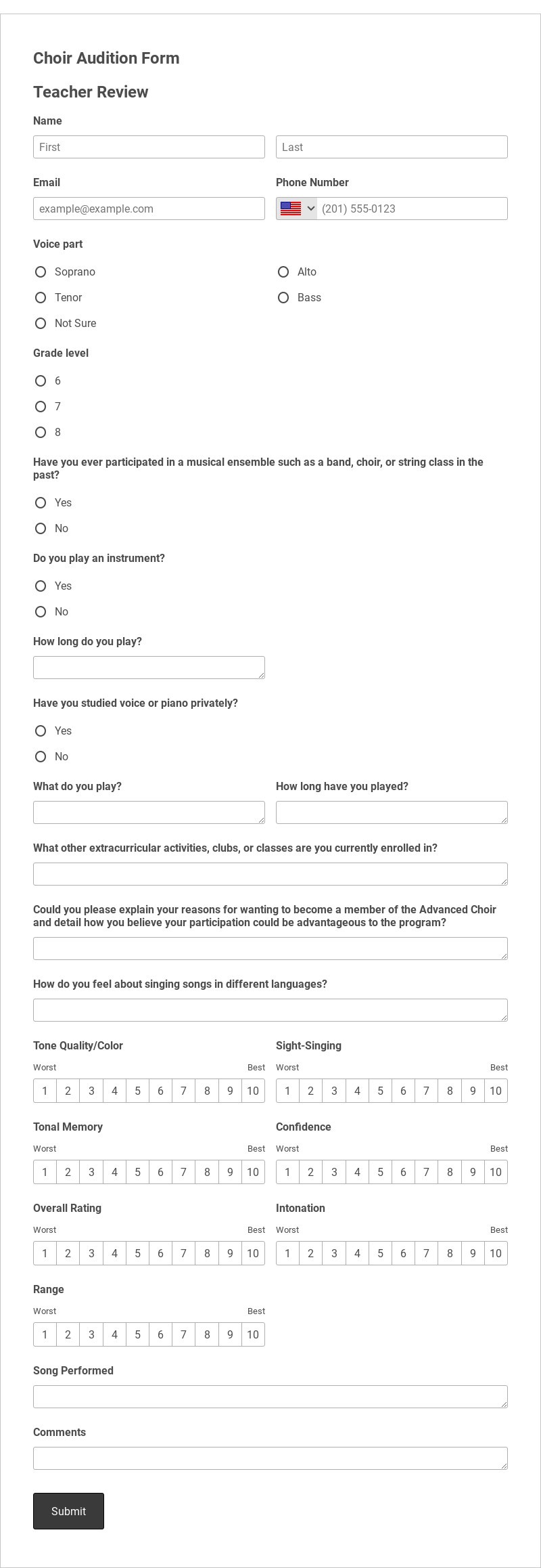 Choir Audition Form Template form template