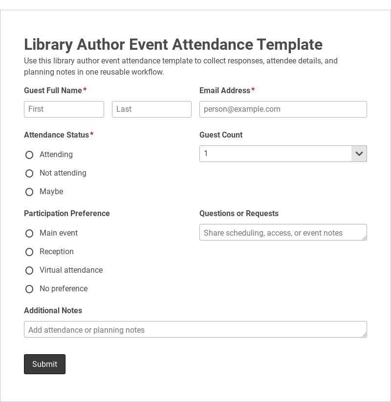 Library Author Event Attendance Template form template