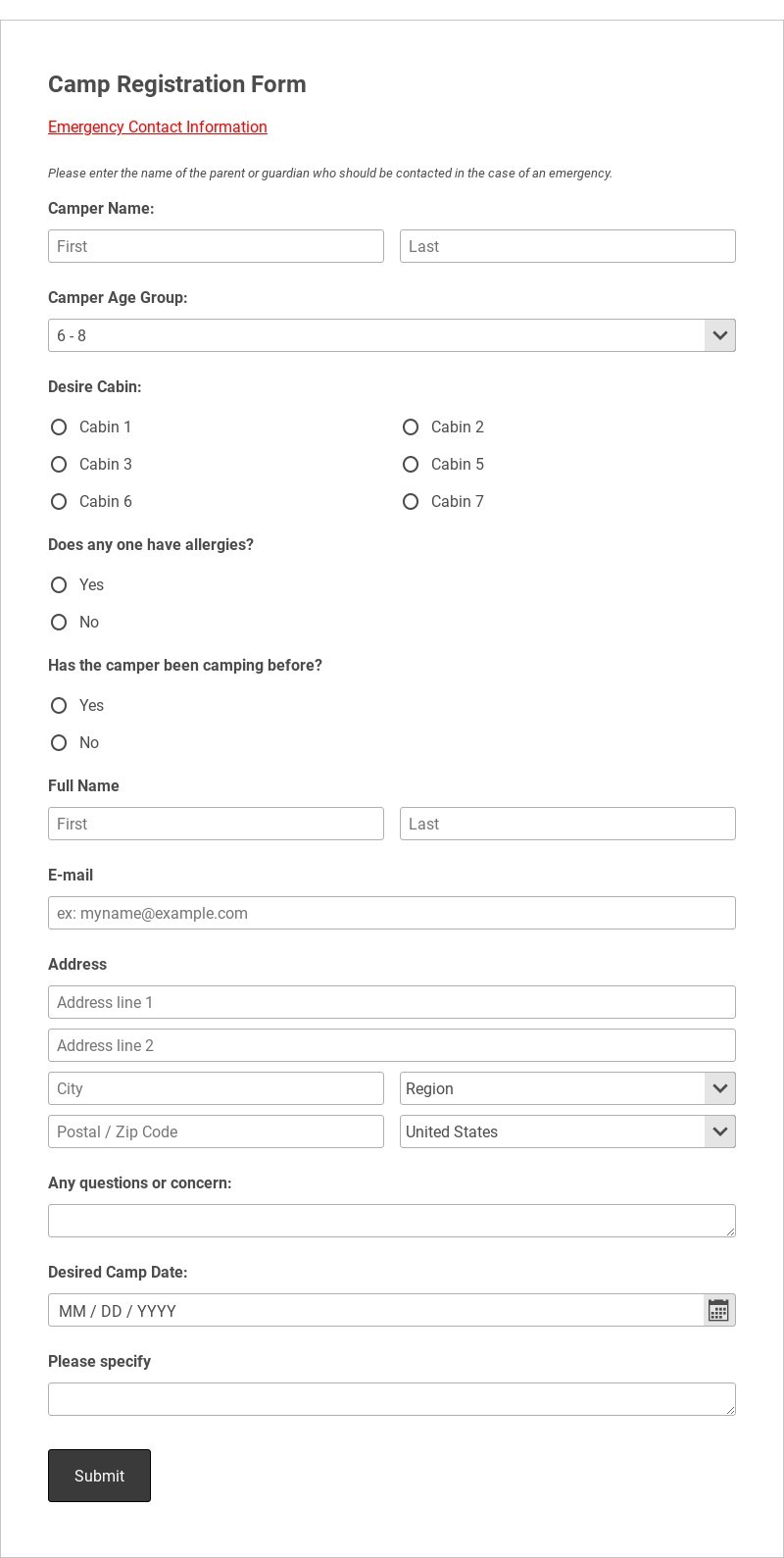 Camp Registration Form PayPal Checkout Template form template