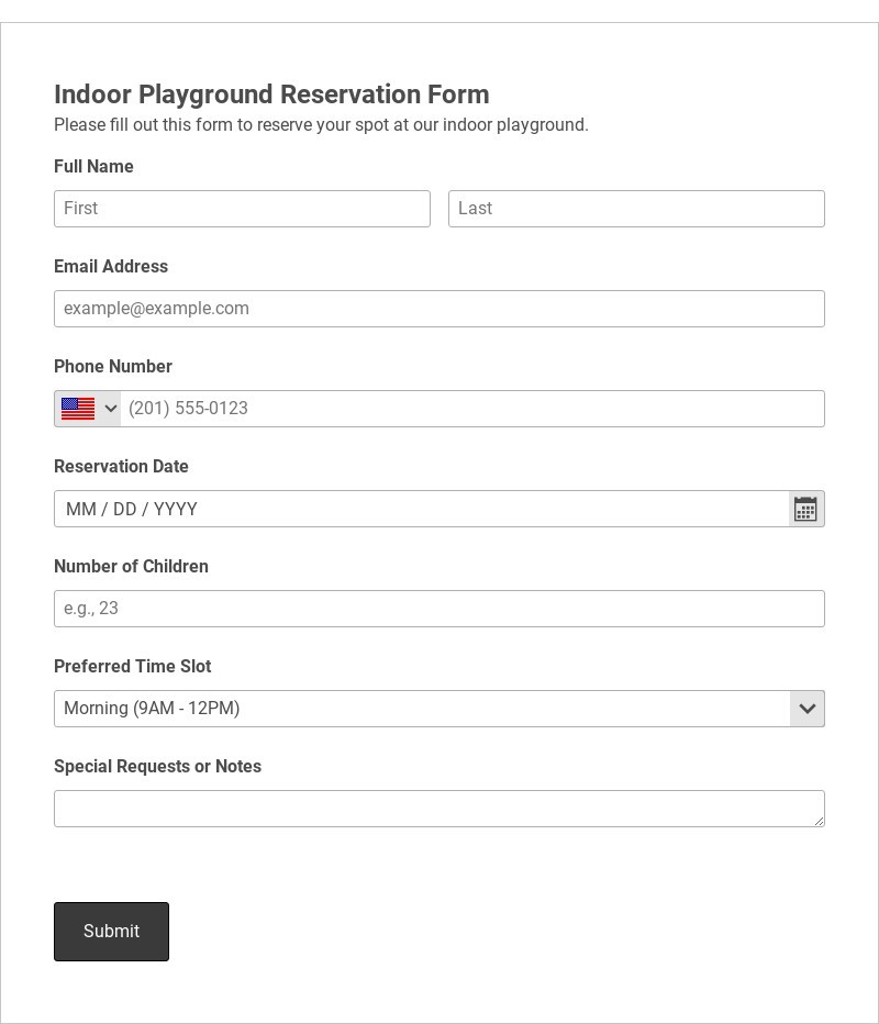 Indoor Playground Reservation Form Template form template