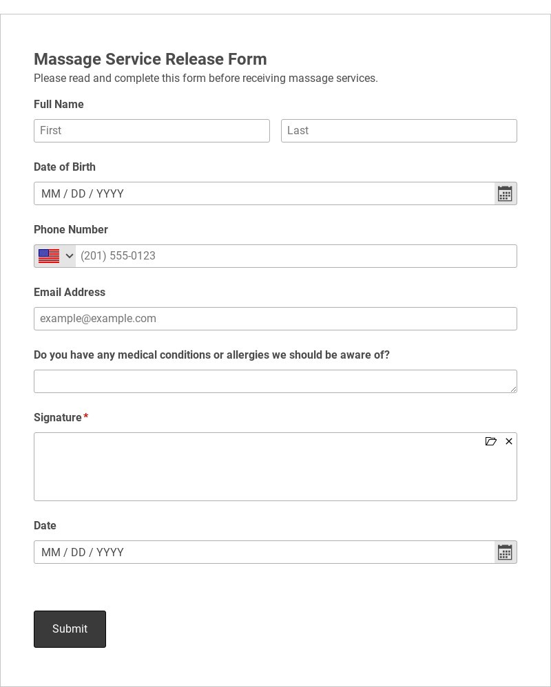 Massage Service Release Form Template form template