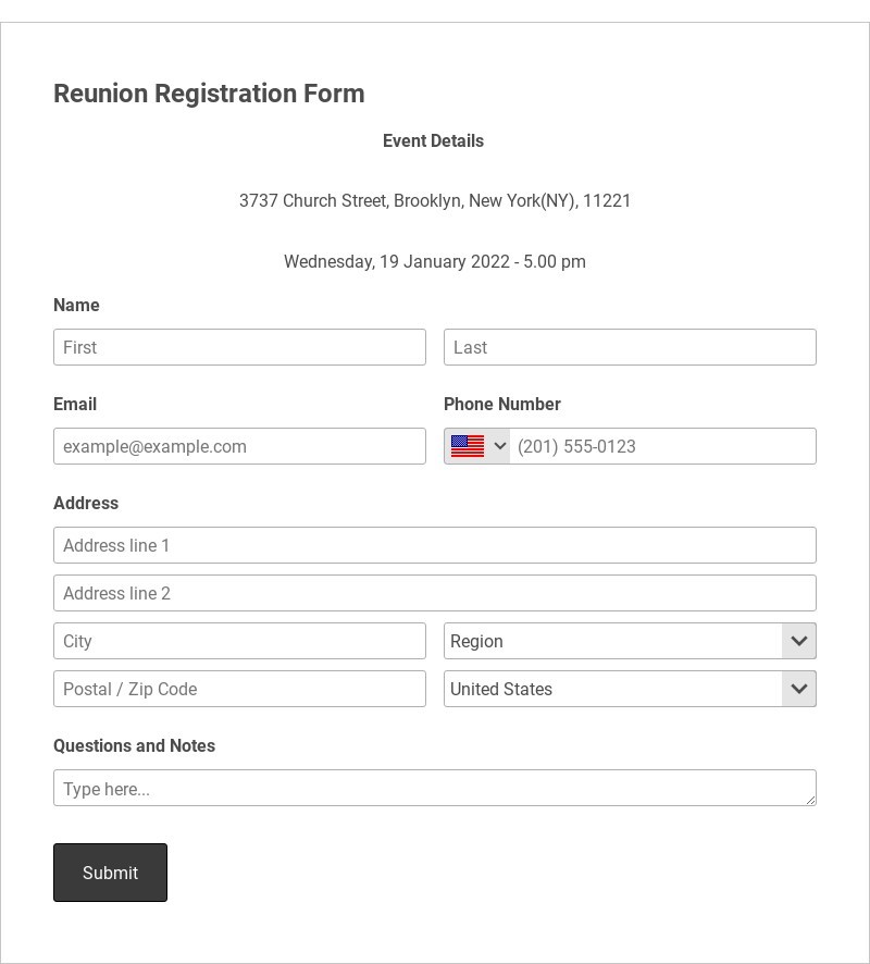 Reunion Registration Form Template form template