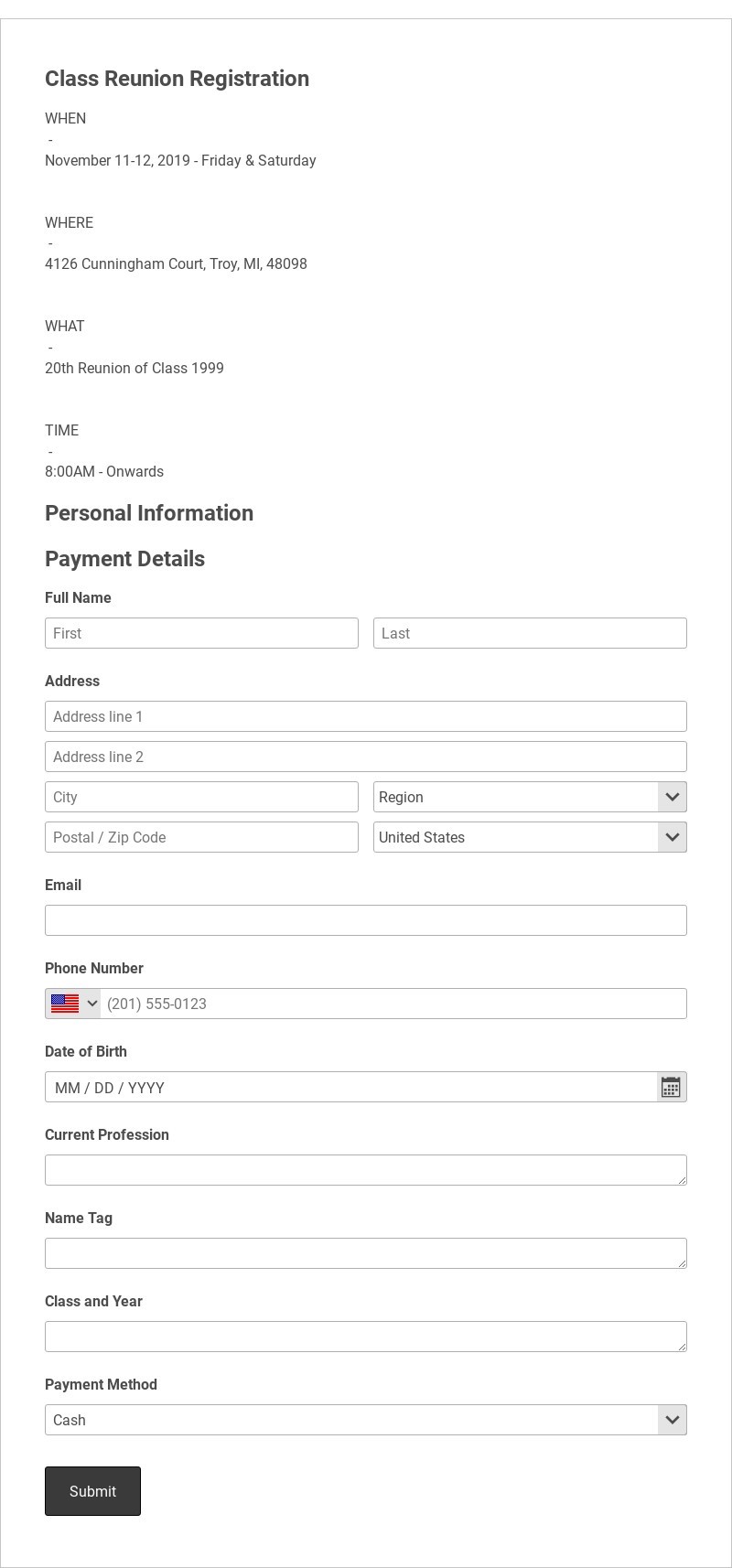Class Reunion Registration Template