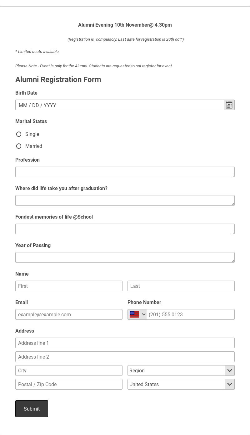 Alumni Registration Form Template form template