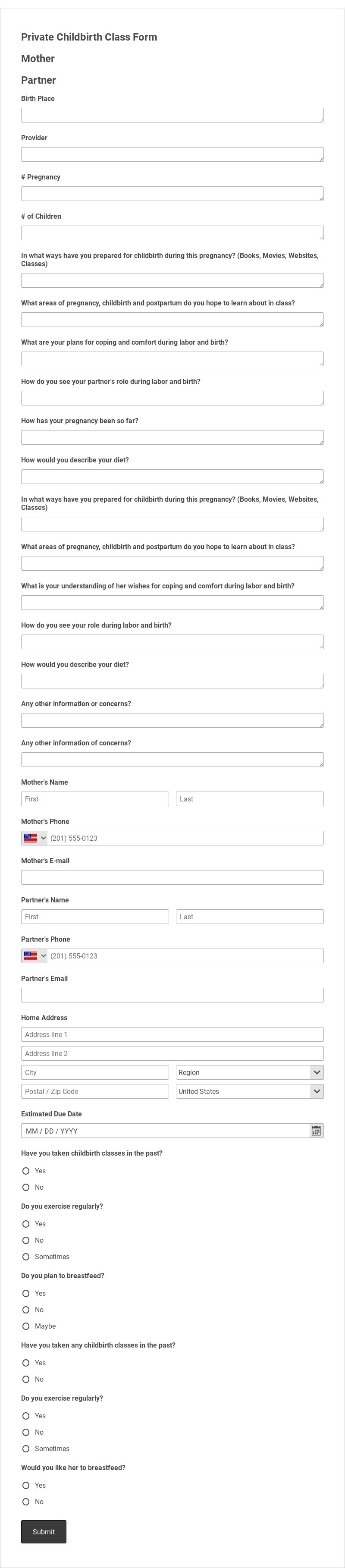 Private Childbirth Class Registration Form Template