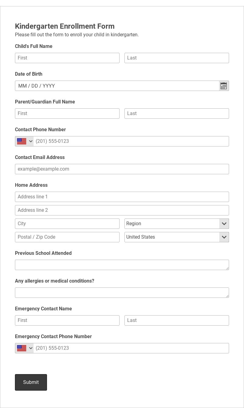 Kindergarten Enrollment Form Template form template