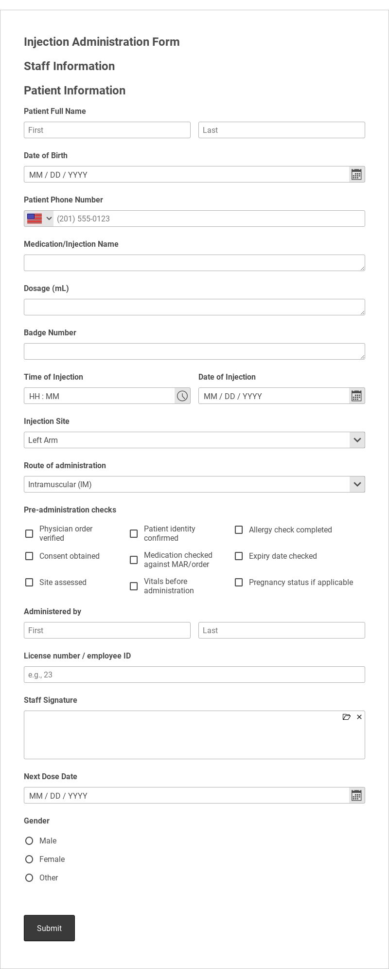 Injection Administration Form Template form template