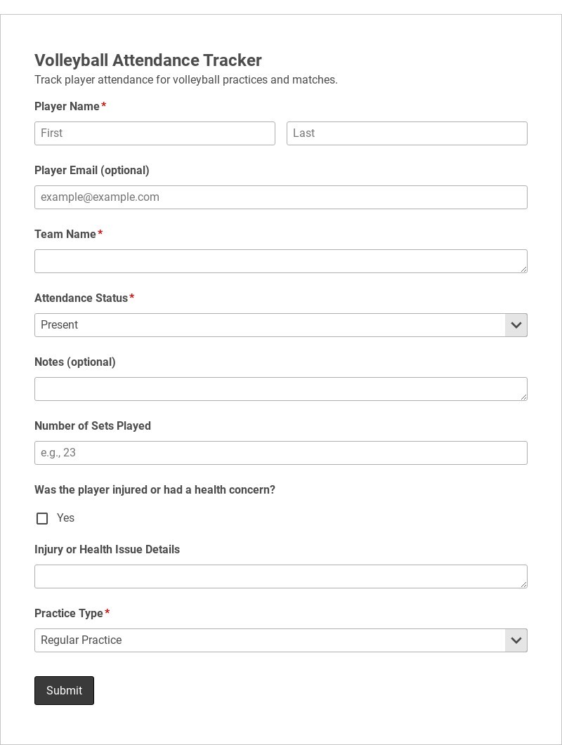 Volleyball Attendance Tracker Template form template