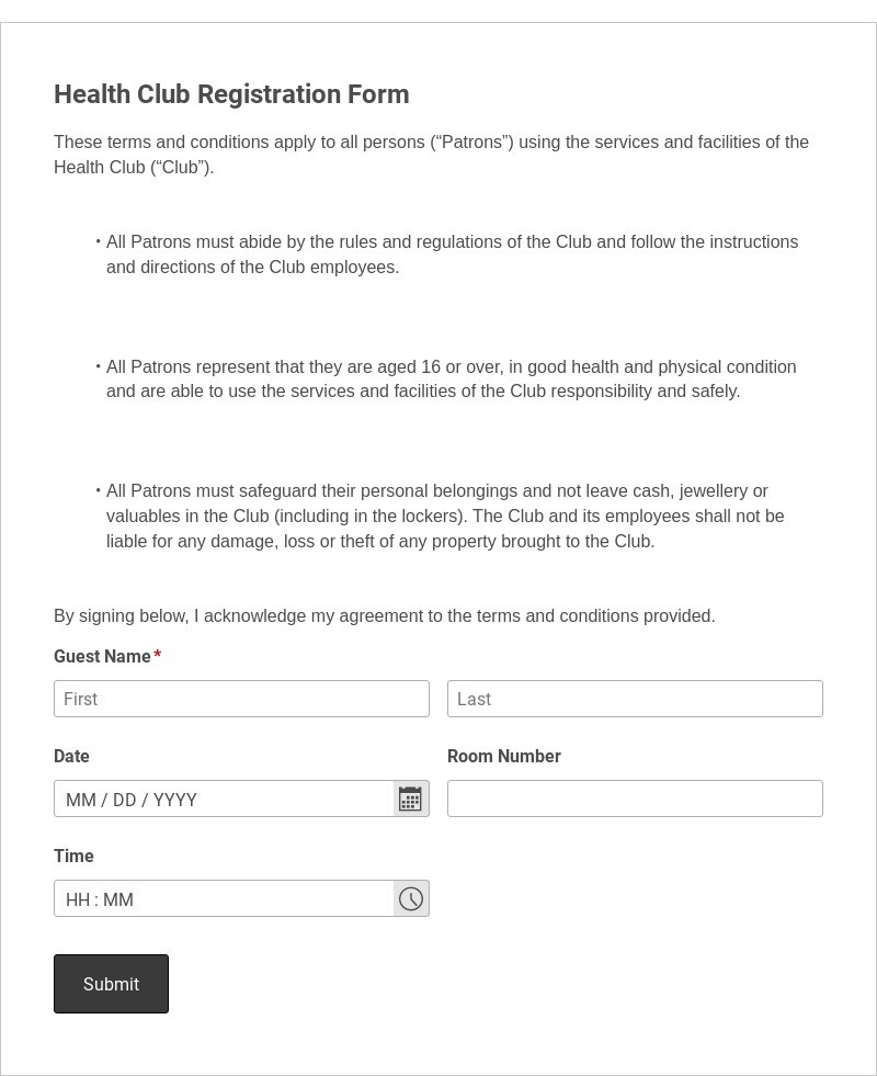 Health Club Registration Form Template