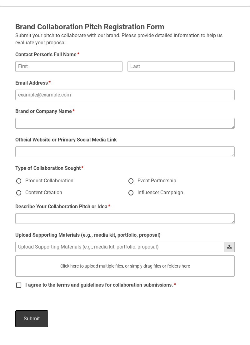 Brand Collaboration Pitch Registration Form Template form template