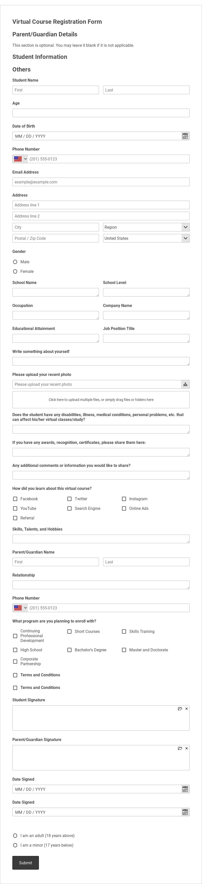 Virtual Course Registration Form Template form template