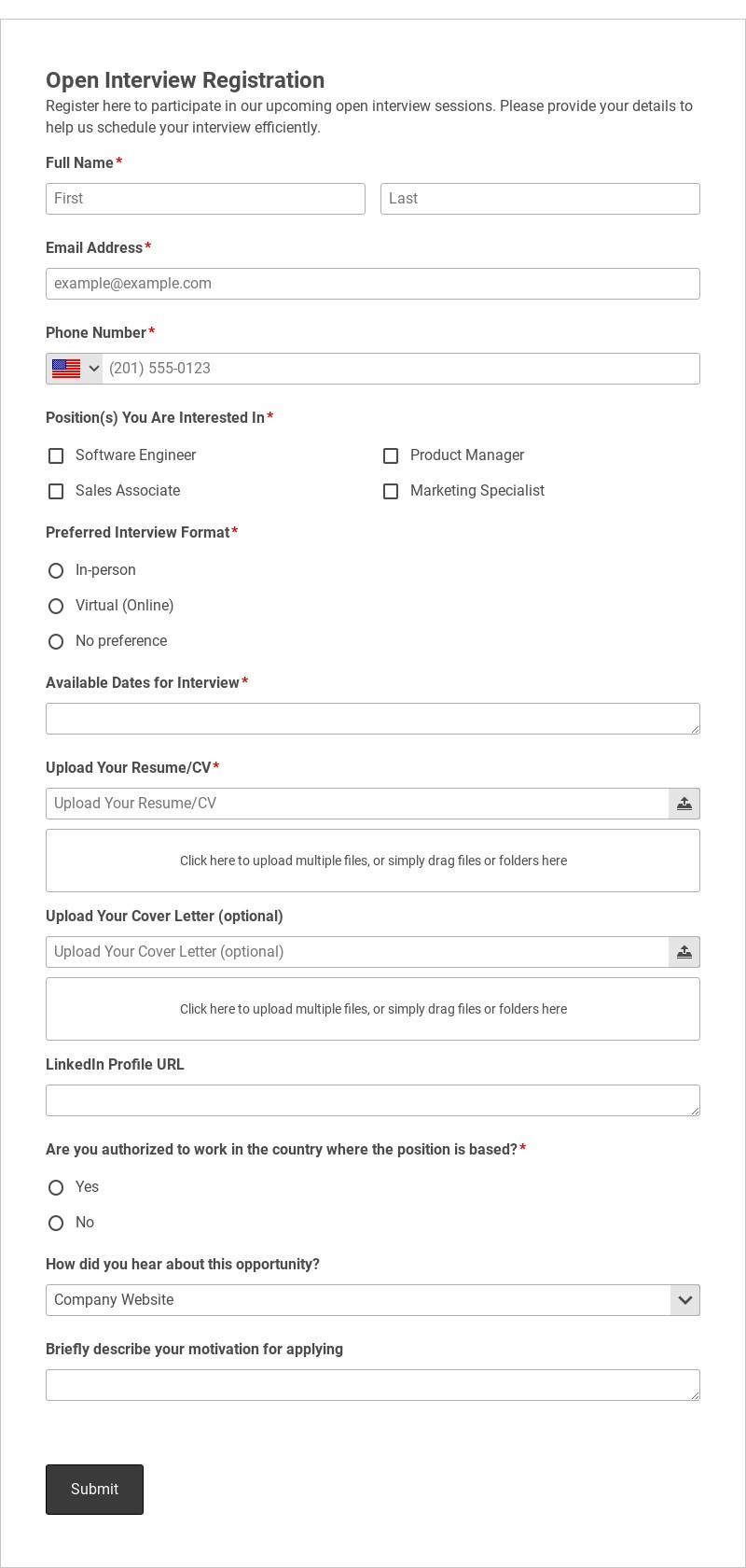 Open Interview Registration Template form template