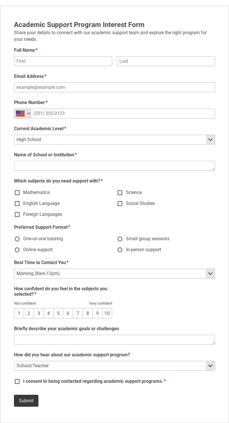 Academic Support Program Interest Form Template form template
