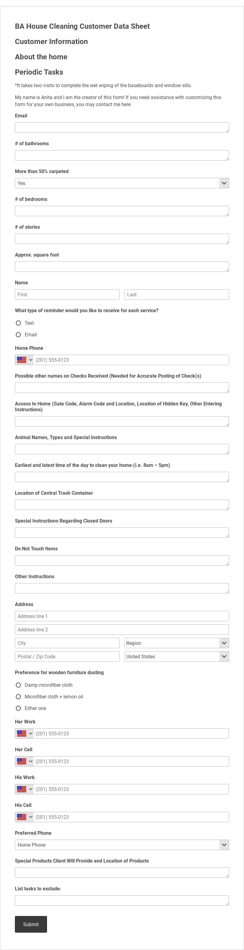 Cleaning Customer Data Sheet Template form template