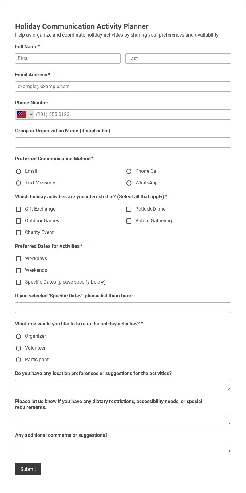 Holiday Communication Activity Planner Template form template