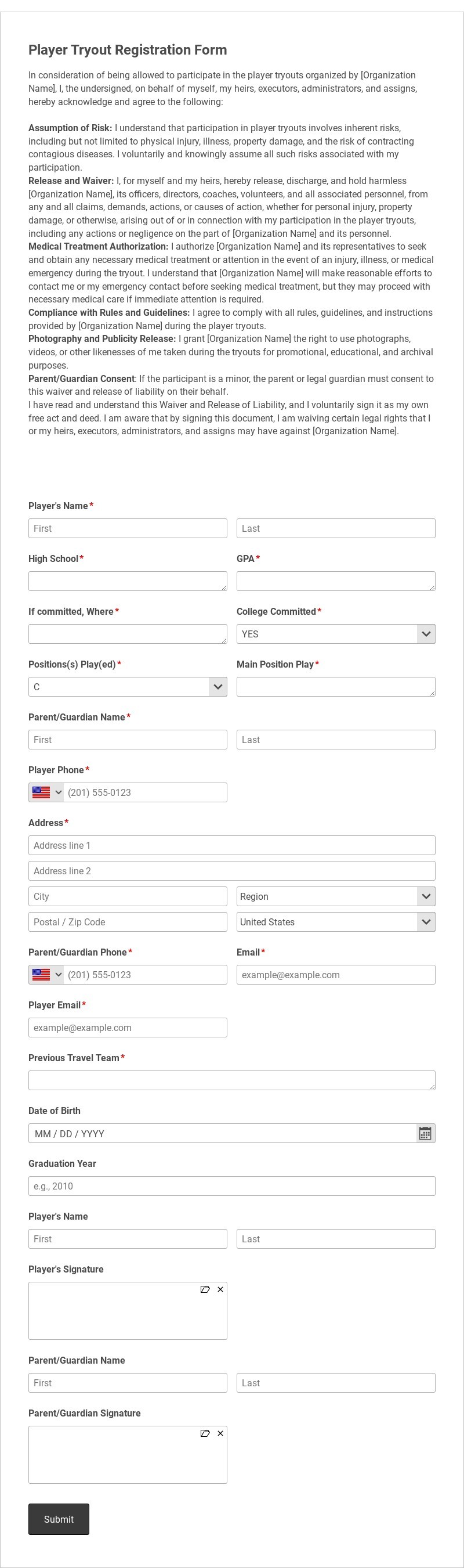 Player Tryout Registration Form Template form template