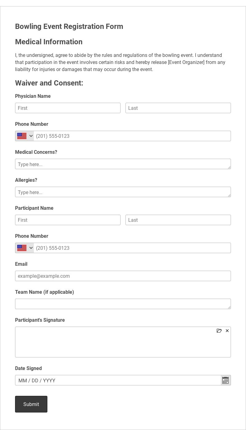 Bowling Event Registration Form Template form template