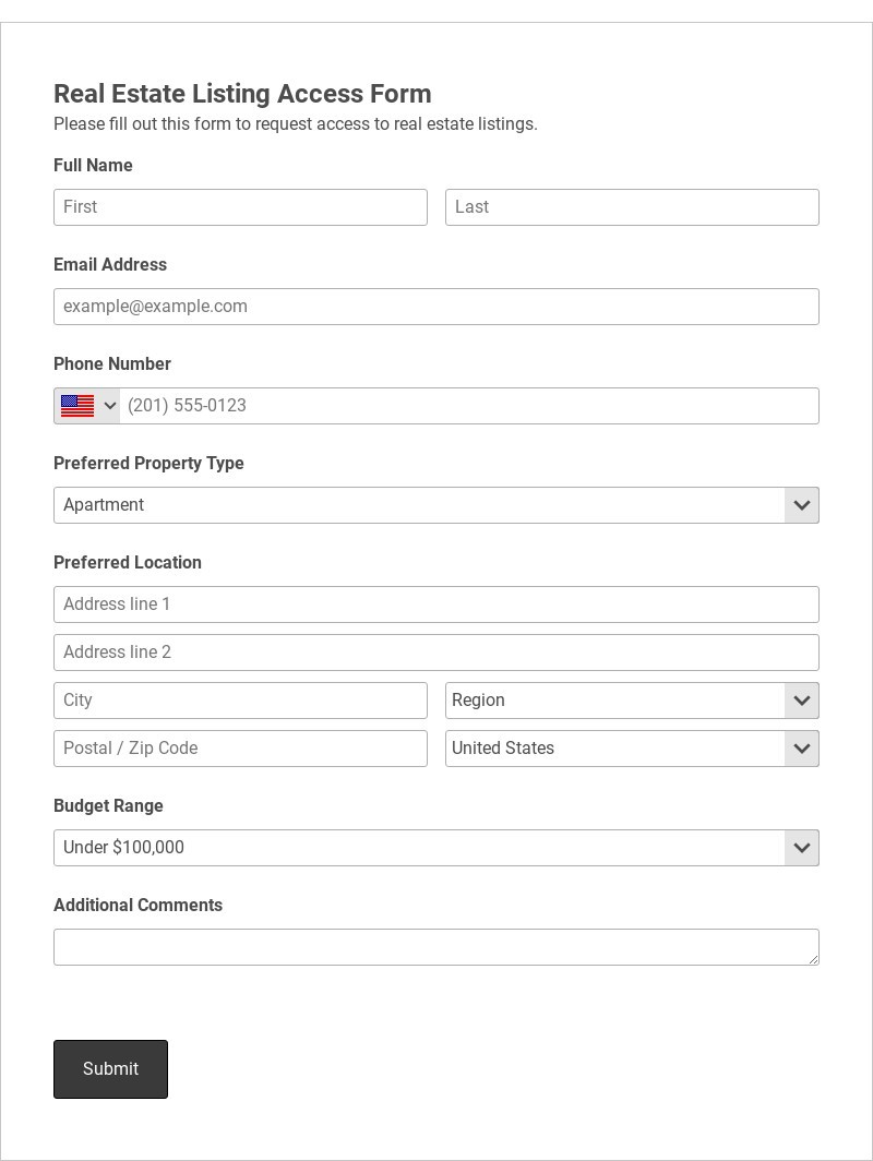 Real Estate Listing Access Form Template form template