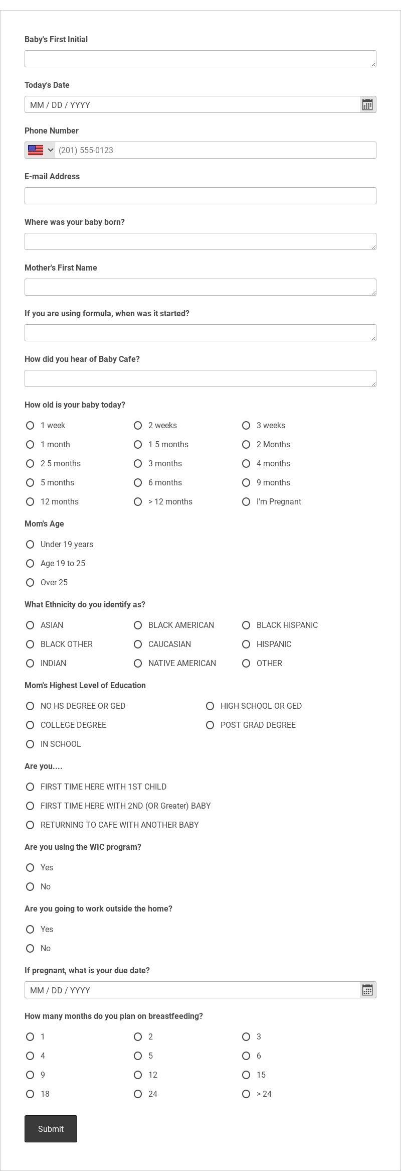 Baby Cafe Mom Registration and Demographics Template