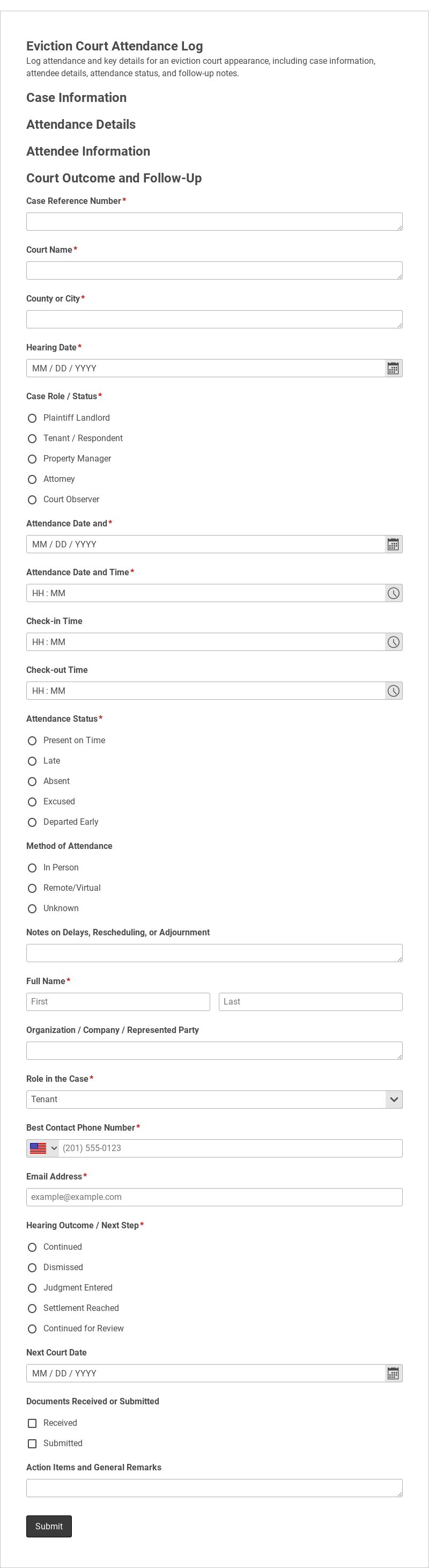 Eviction Court Attendance Log Template form template
