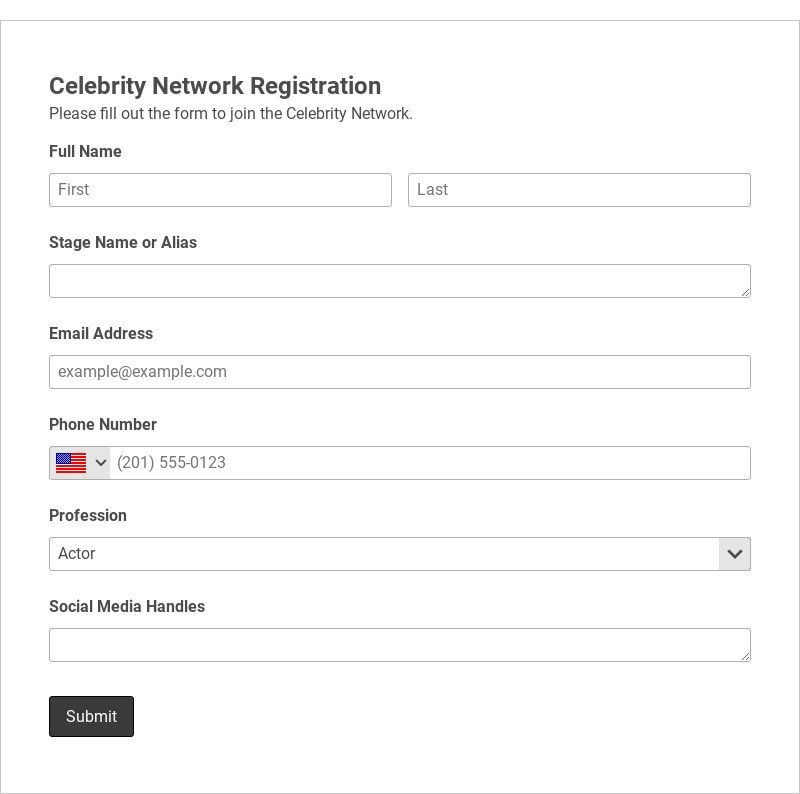 Celebrity Network Registration Form Template form template
