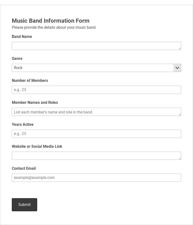Music Band Information Form Template form template