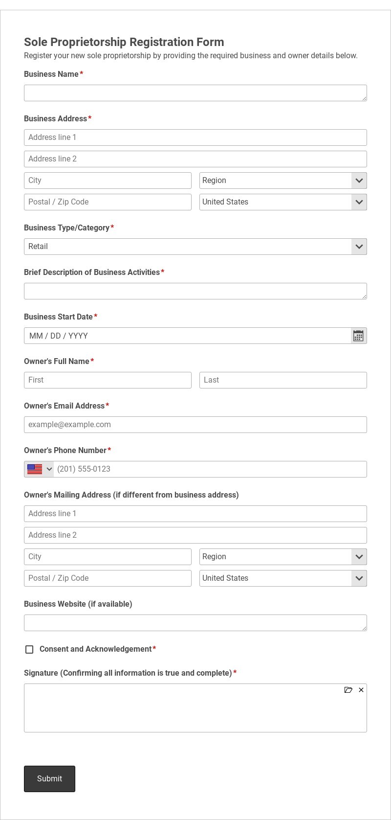 Sole Proprietorship Registration Form Template form template