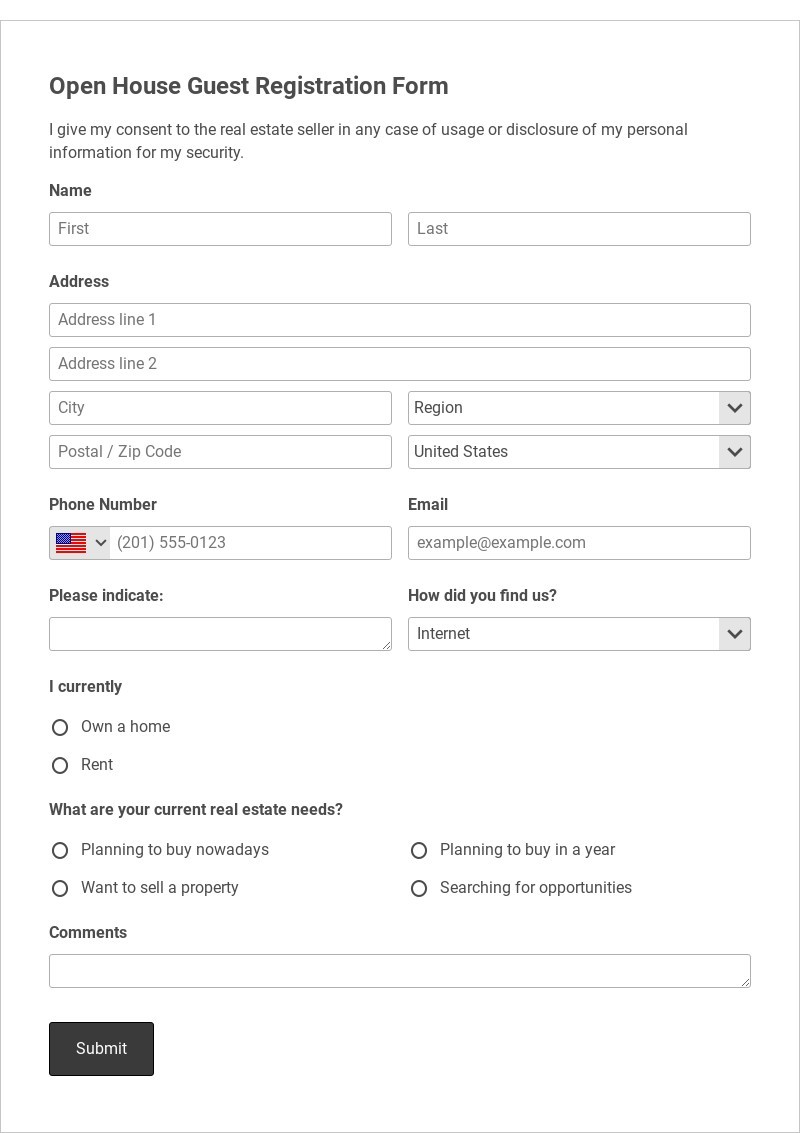 Open House Guest Registration Form Template form template