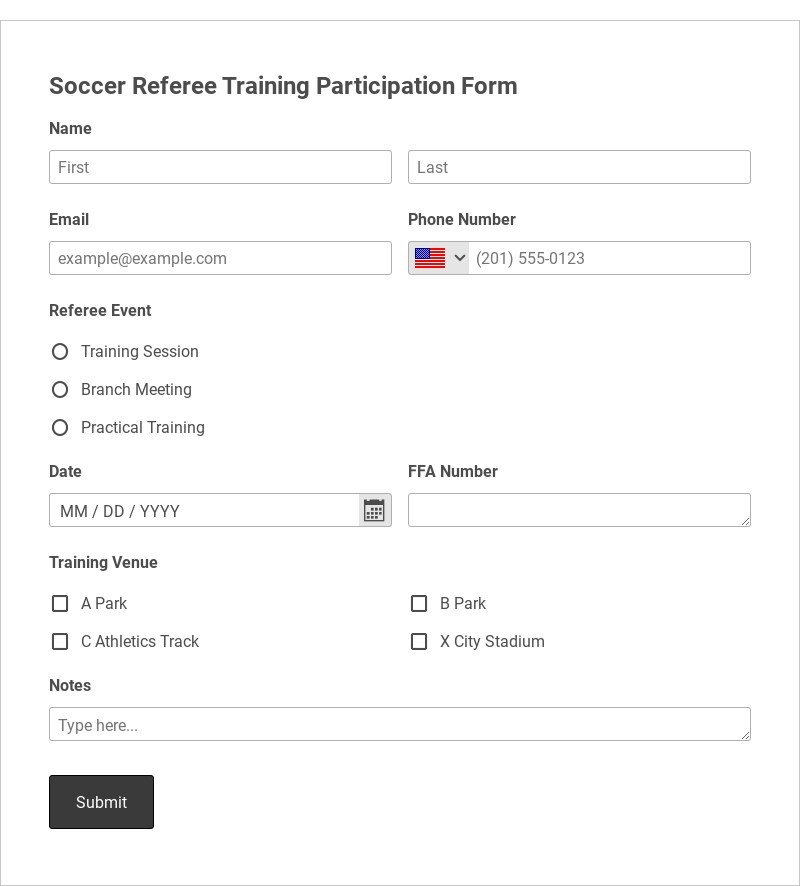 Soccer Referee Training Participation Form Template