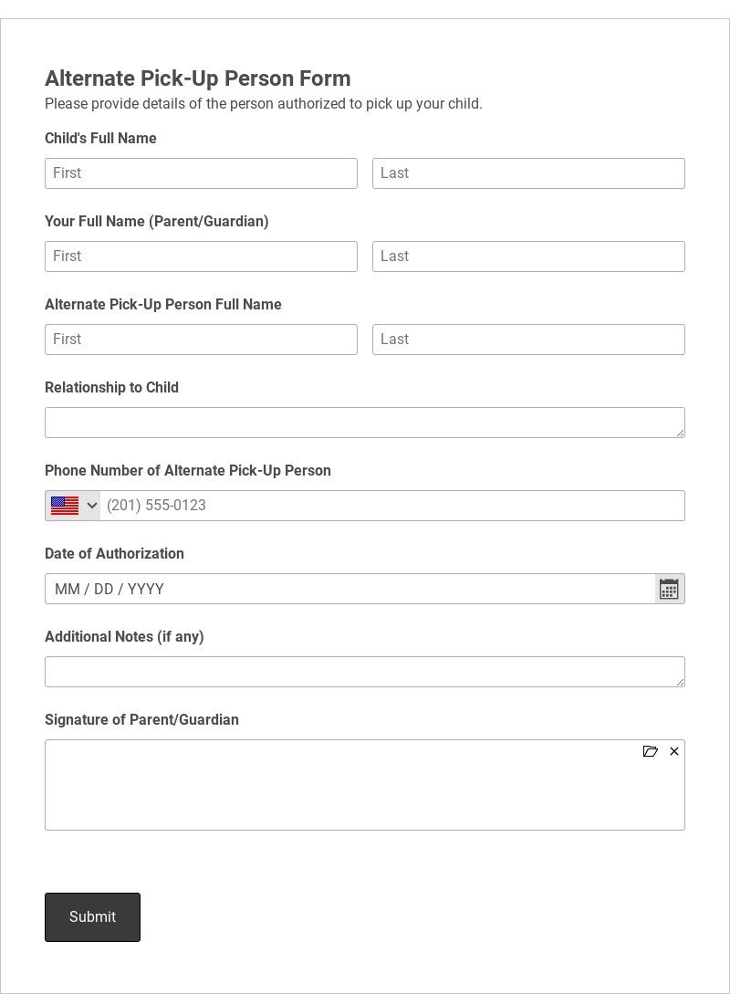 Alternate Pick-Up Person Form Template form template