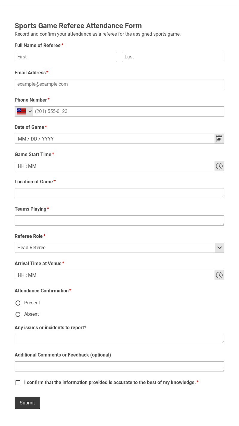 Sports Game Referee Attendance Form