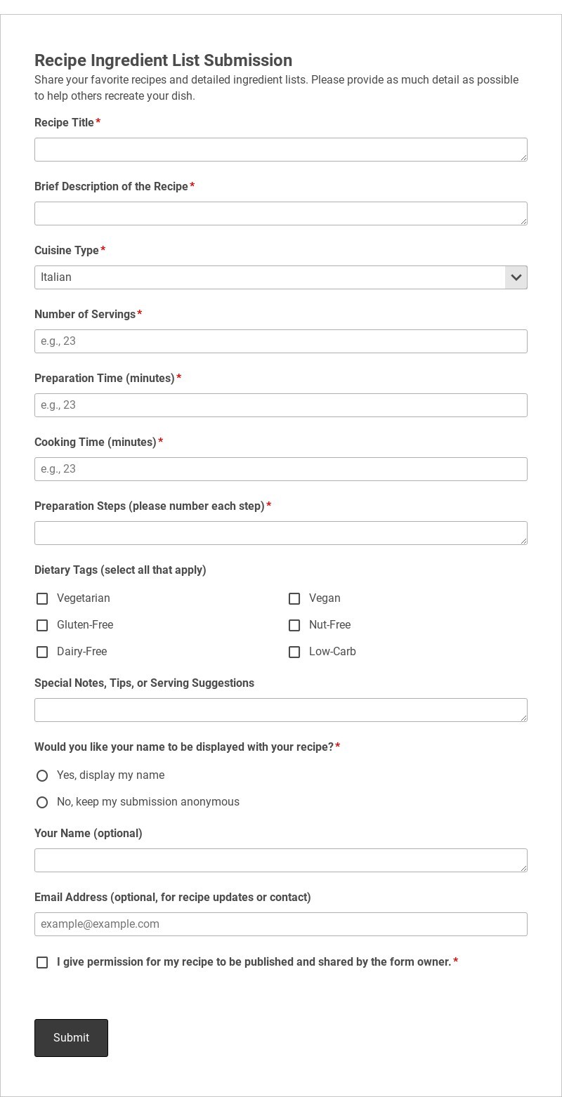 Recipe Ingredient List Submission Template form template