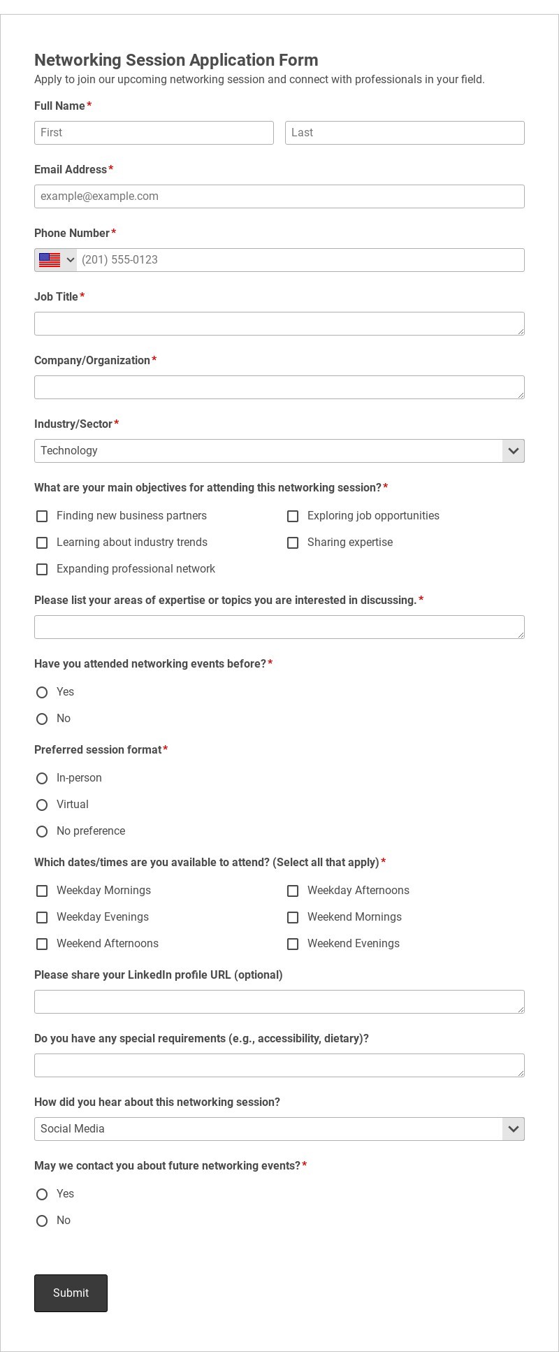Networking Session Application Form Template form template