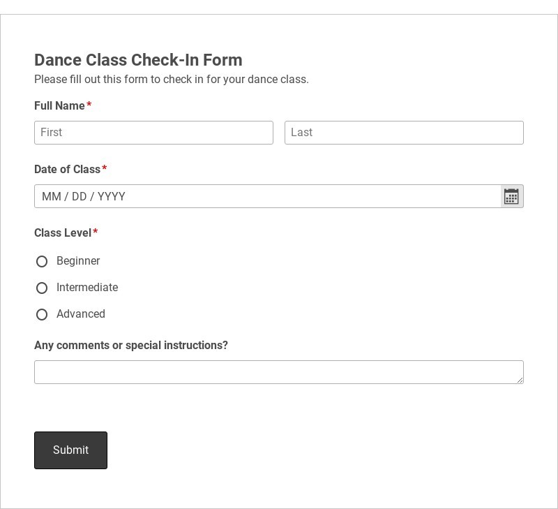 Dance Class Check-In Form Template form template