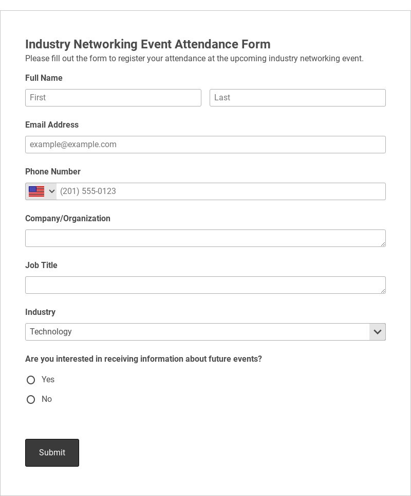 Industry Networking Event Attendance Form Template form template
