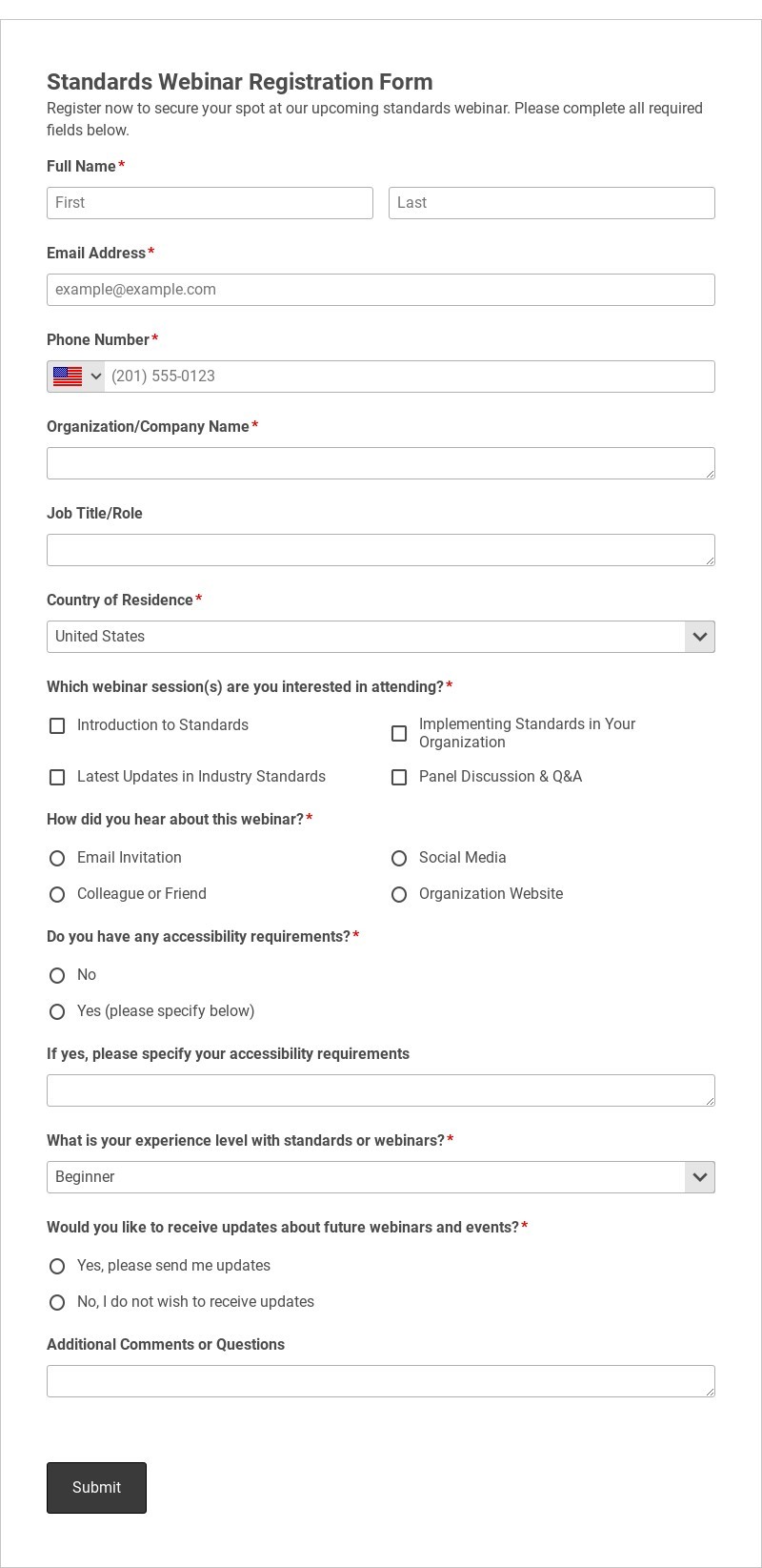 Standards Webinar Registration Form Template form template