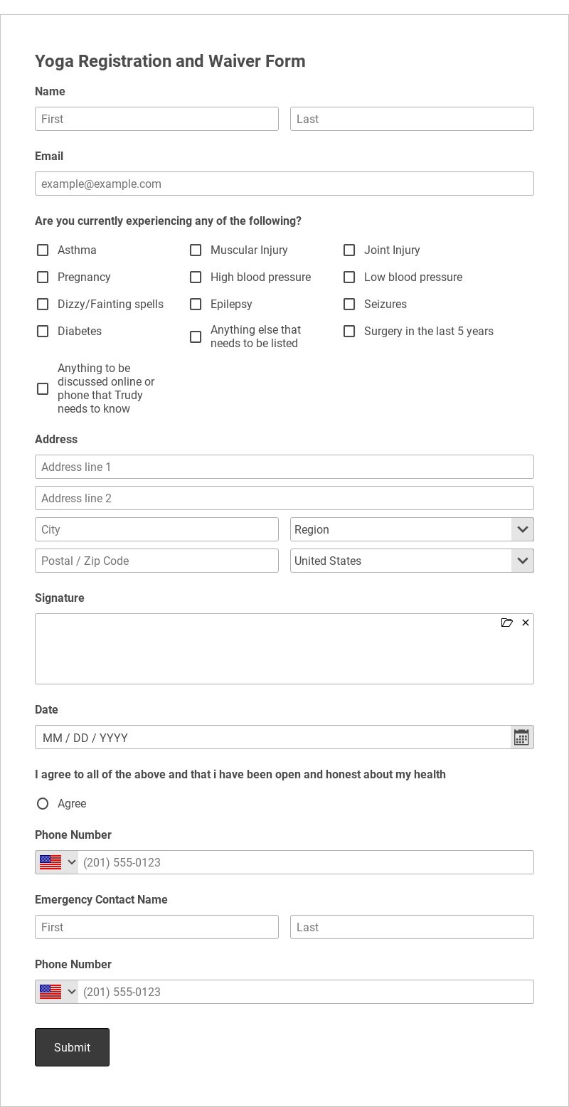Yoga Registration and Waiver Form Template form template