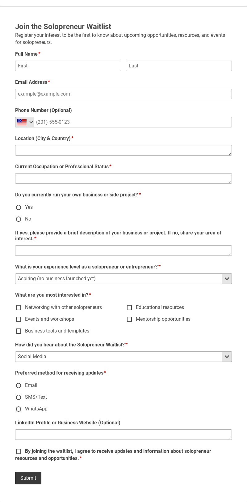 Join the Solopreneur Waitlist Template form template