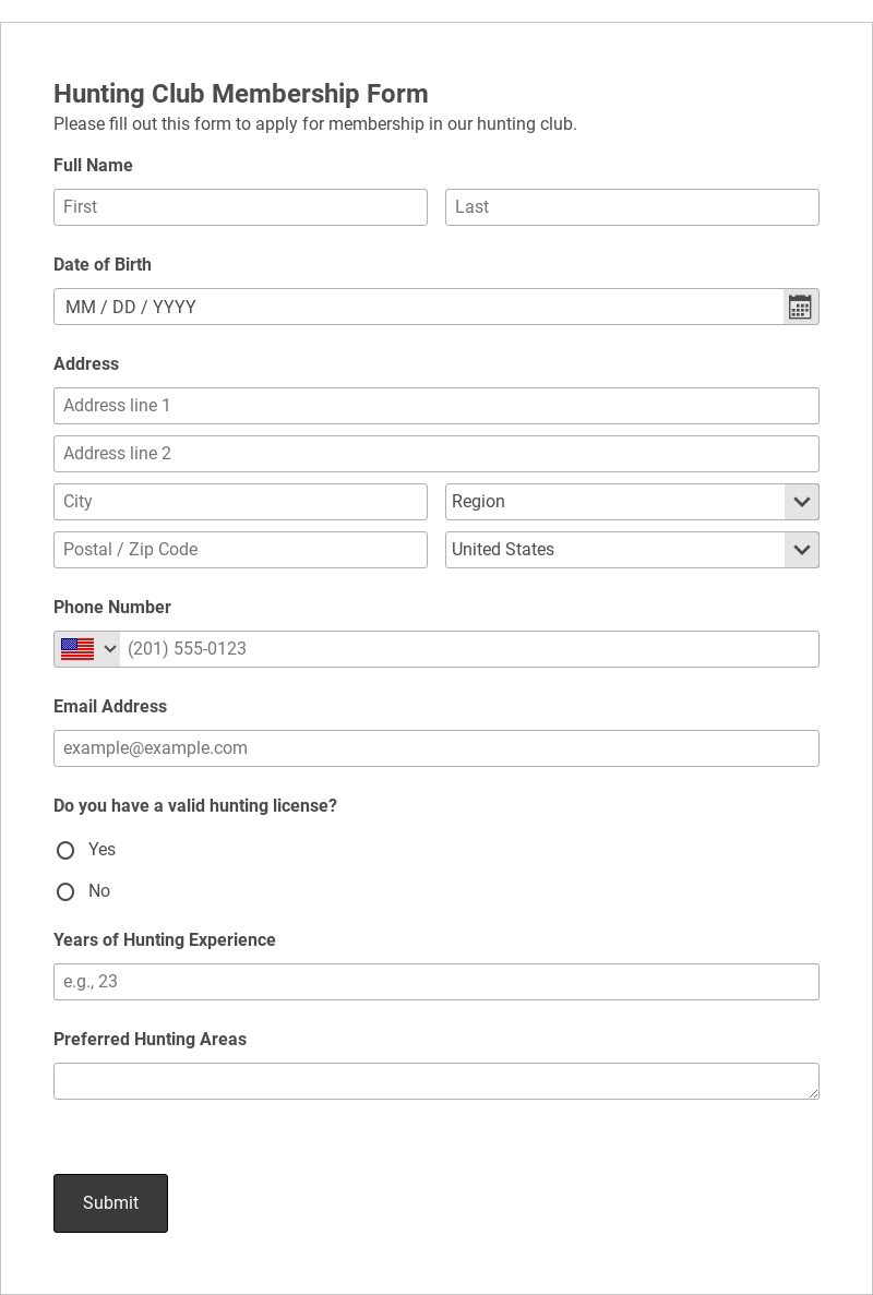 Hunting Club Membership Form Template form template
