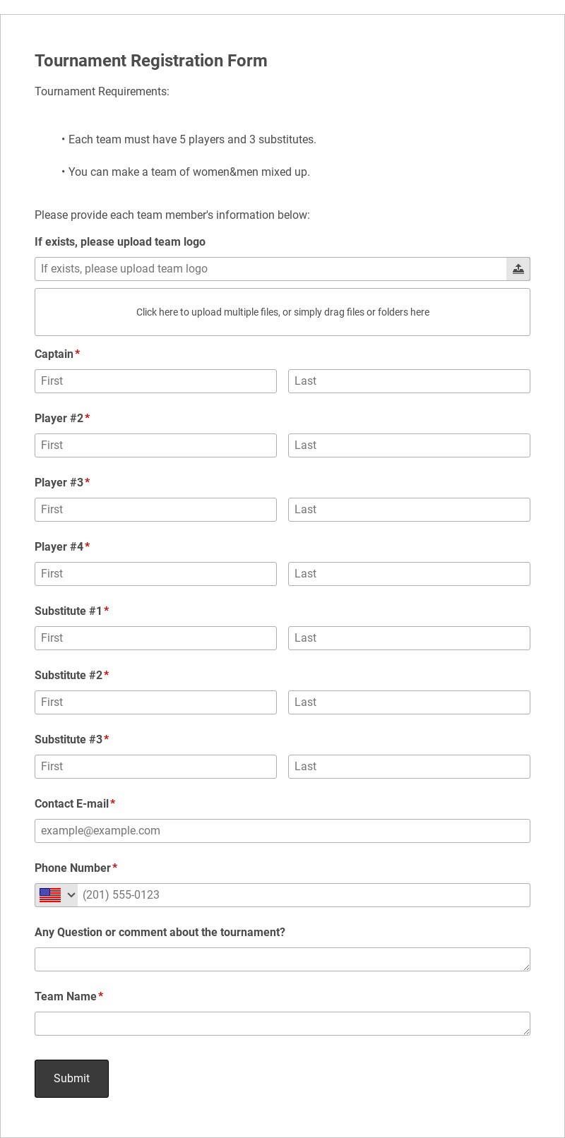Tournament Registration Form Template form template
