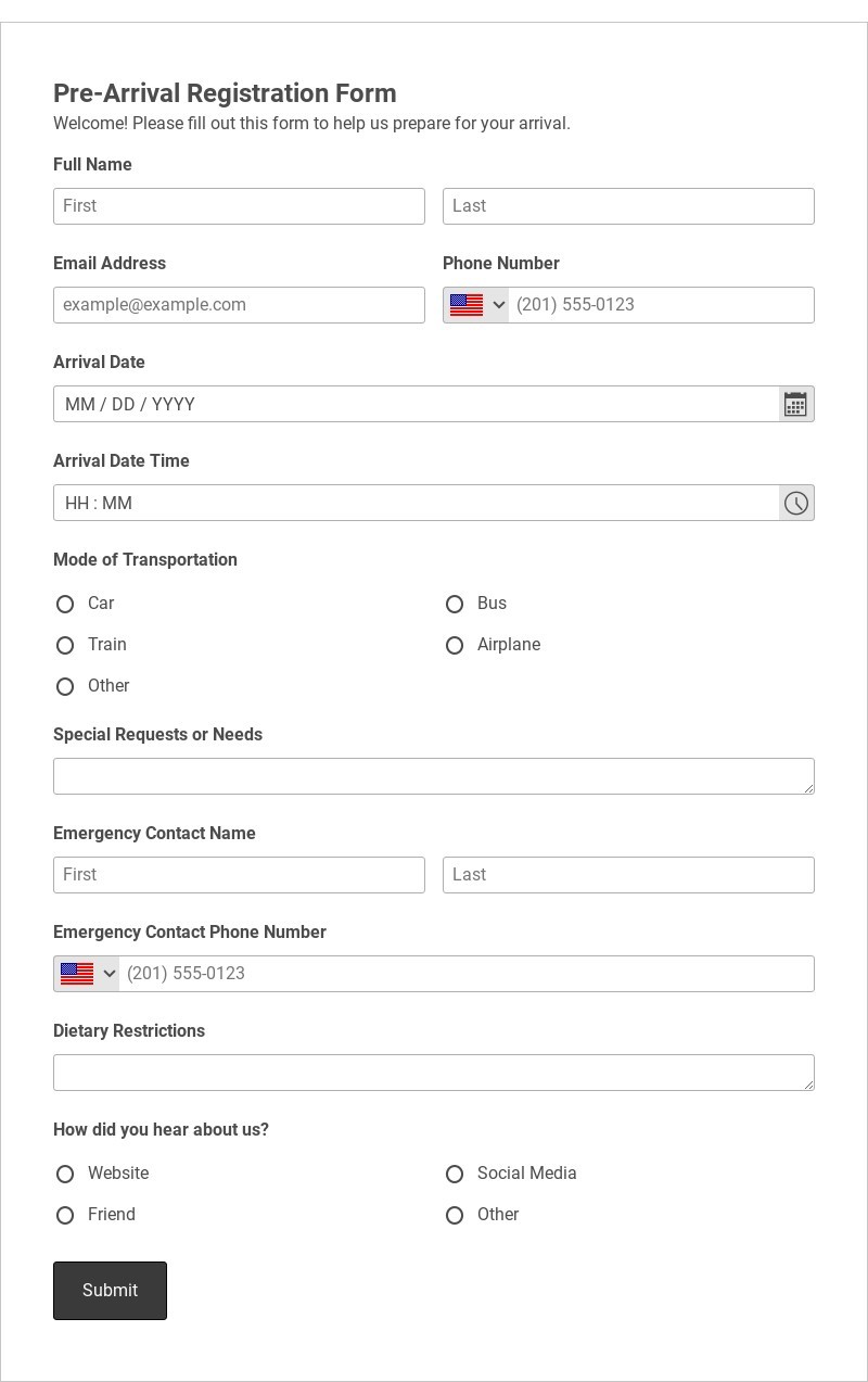 Pre-Arrival Registration Form Template