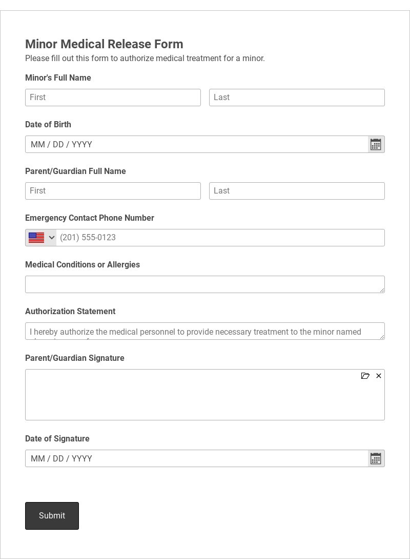 Minor Medical Release Form Template form template
