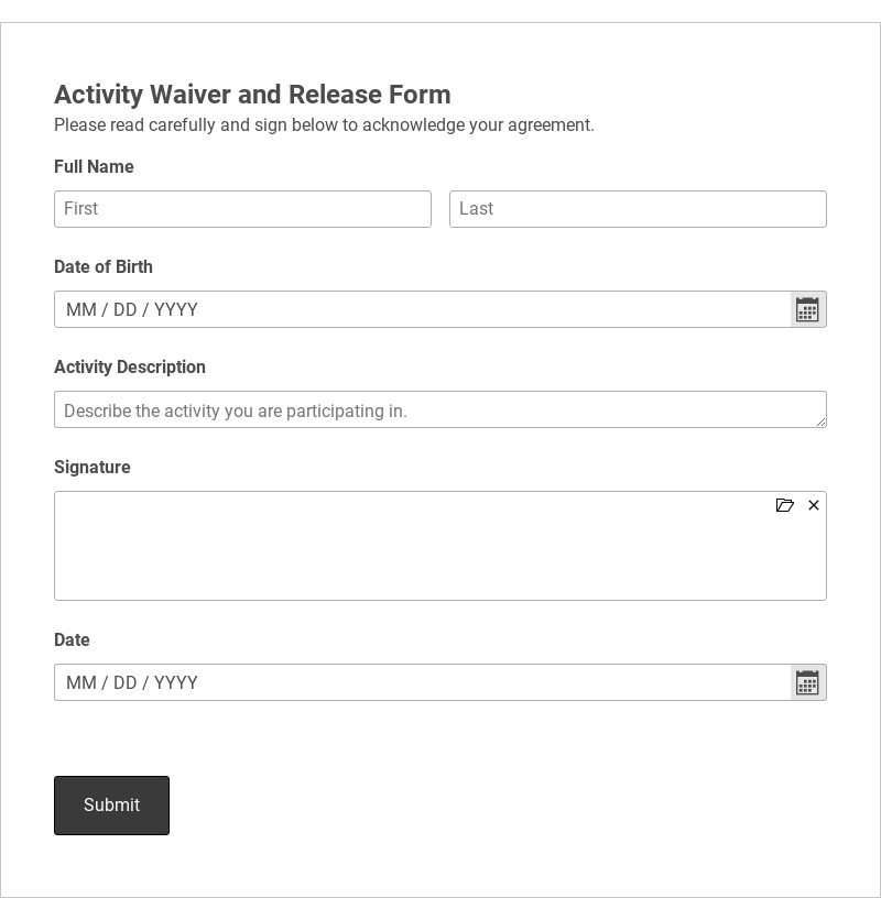 Activity Waiver and Release Form Template form template
