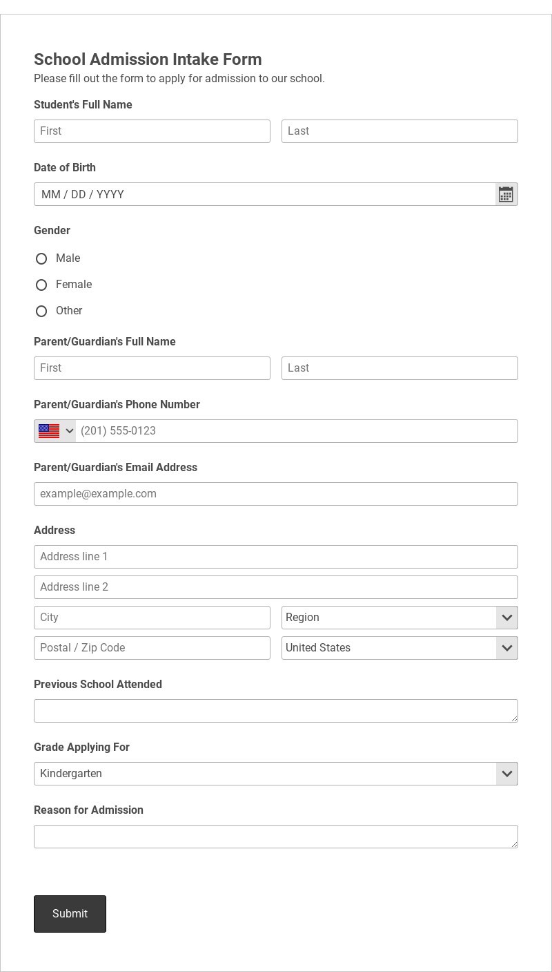 School Admission Intake Form Template form template