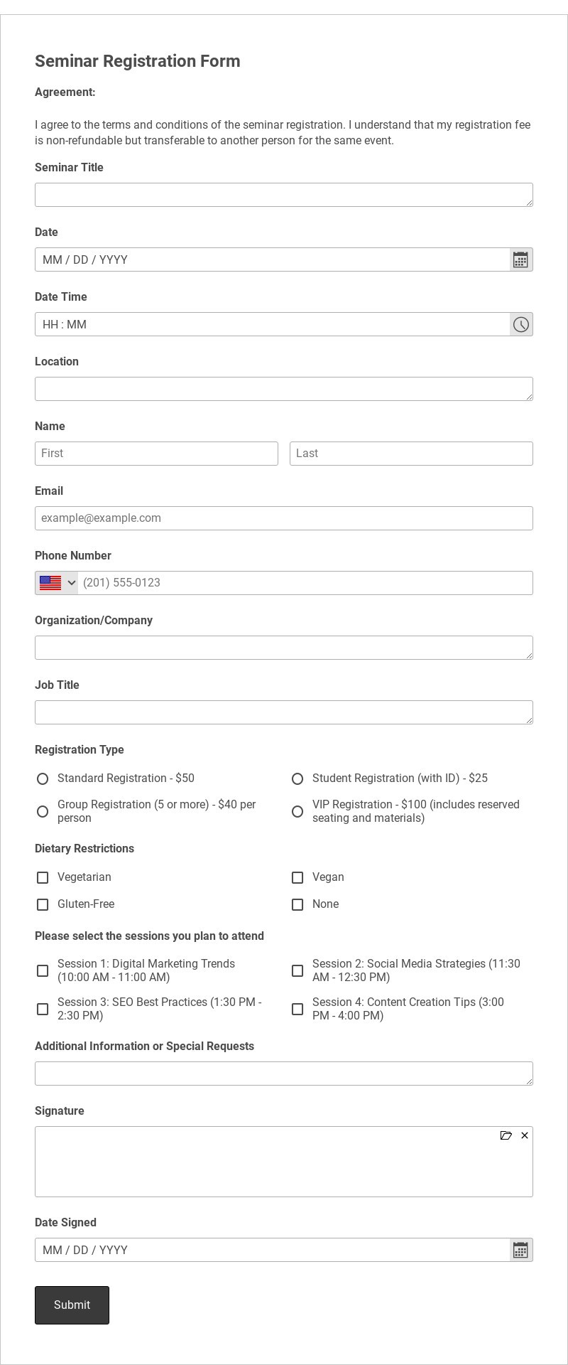 Seminar Form Template form template
