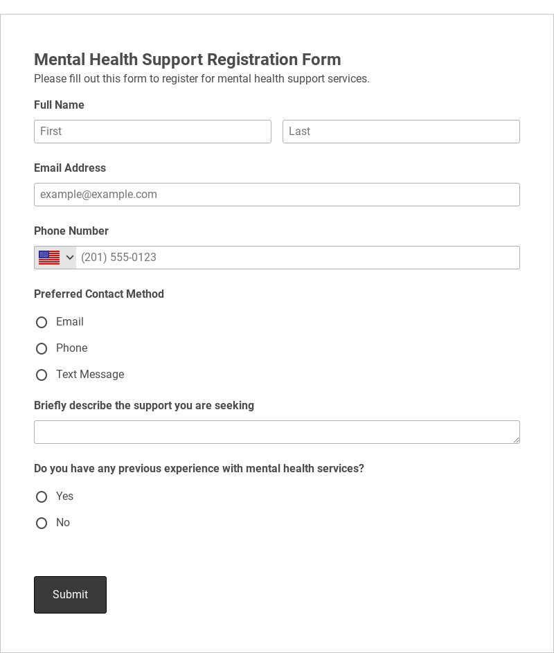 Mental Health Support Registration Form Template form template