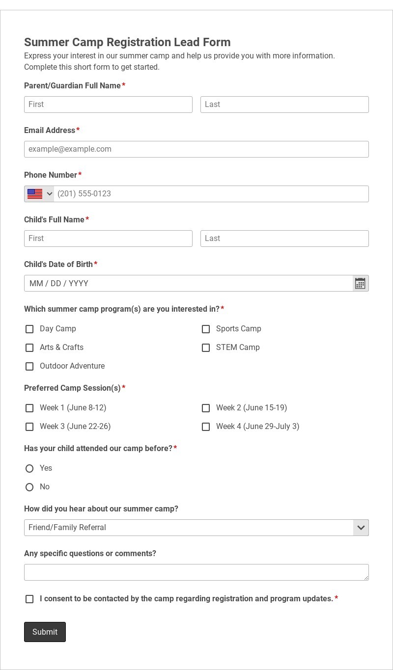 Summer Camp Registration Lead Form Template form template