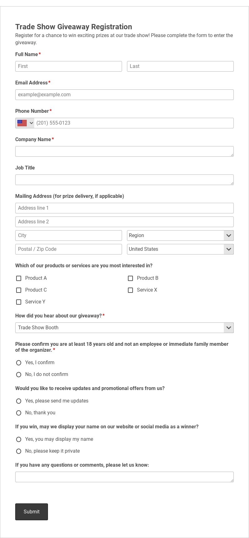 Trade Show Giveaway Registration Template form template