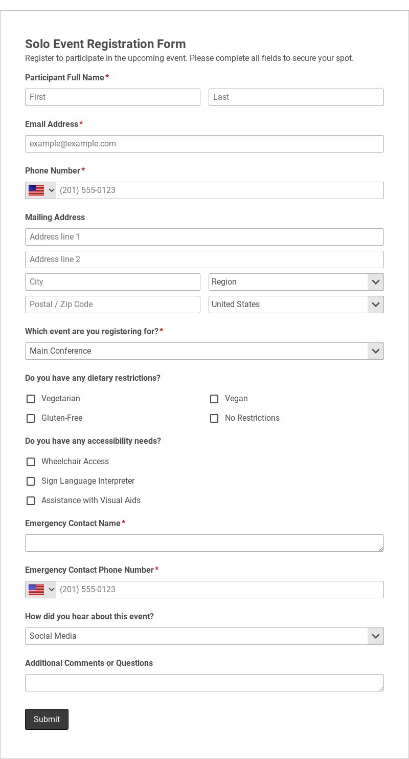 Solo Event Registration Form Template form template